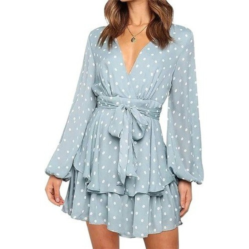 AlvaQ Polka Dot Long Sleeve Mini Dress XL Sky Blue Layered Ruffle V-Neck